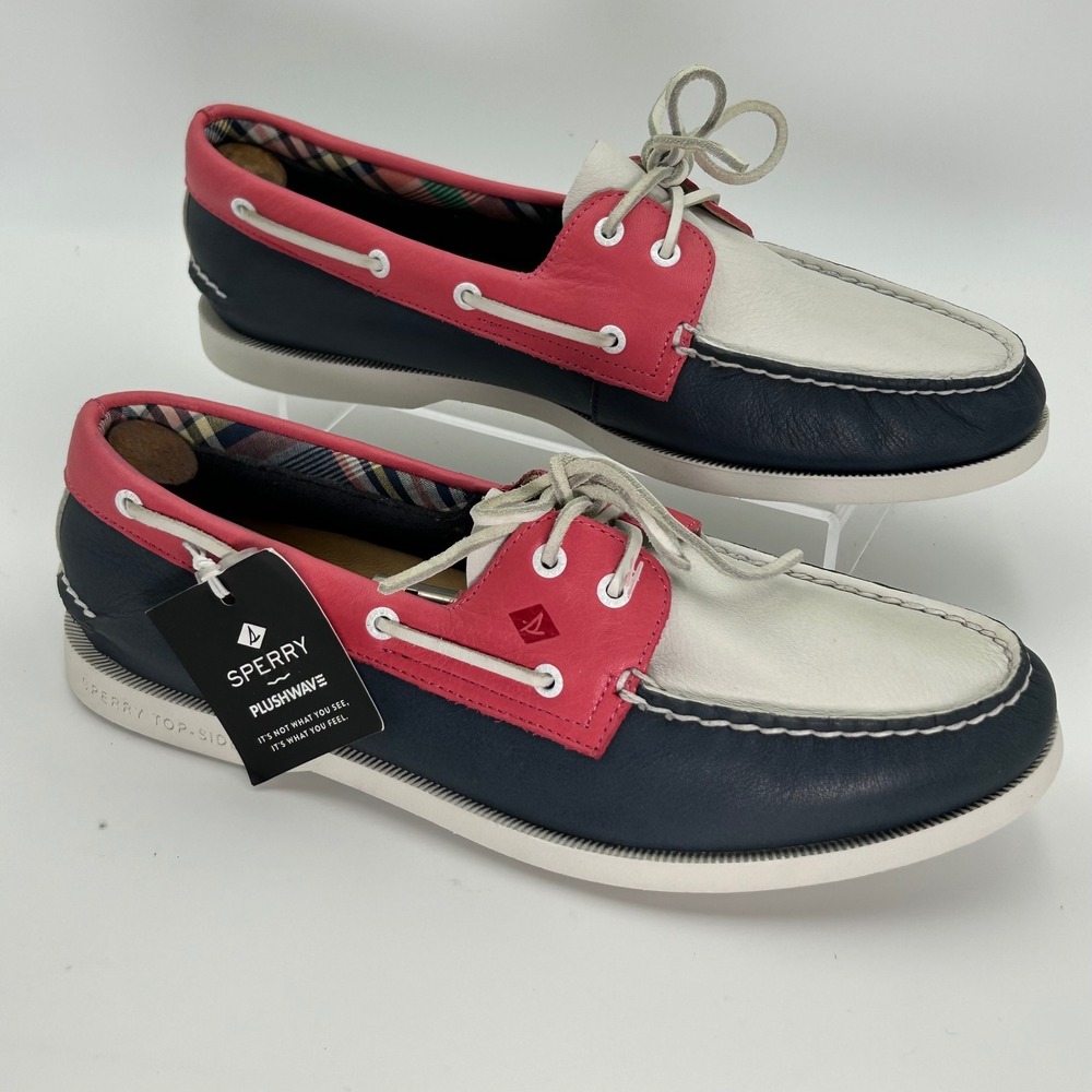 New Sperry Boat Shoes Women11M Navy Pink White Leather Plushwave Preppy Nautical